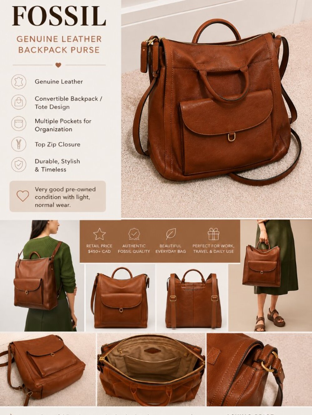 Fossil Genuine Leather Convertible Backpack Purse 🤎